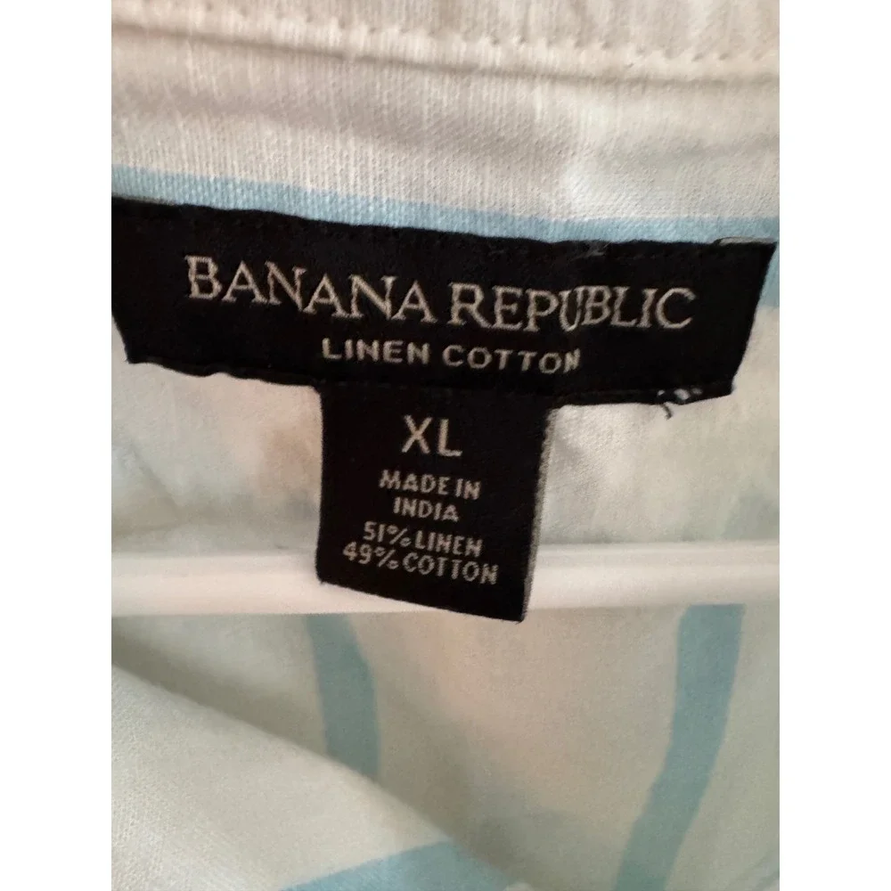 Banana Republic Mens XL Linen Cotton Striped Short Sleeve Button Down Shirt Blue